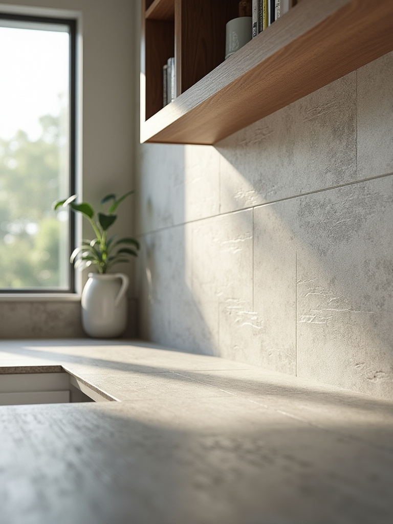 A contemporary kitchen featuring a textured backsplash made of large-format porcelain tiles, showcasing its design and practicality.