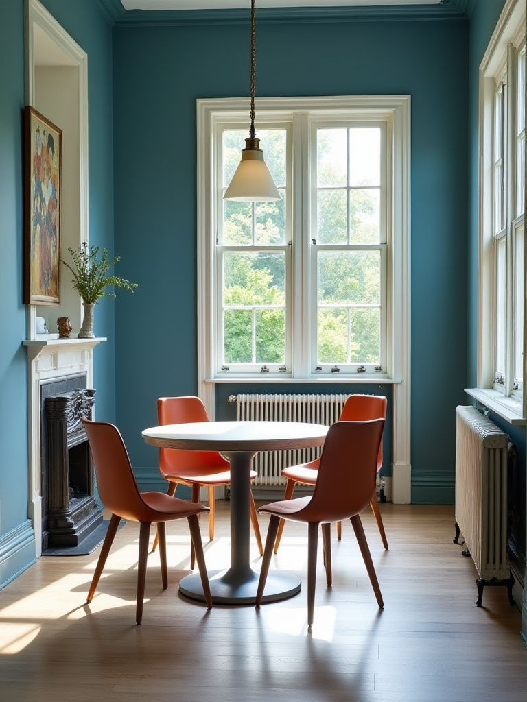 Optimized blue dining room layout for seamless flow and comfort