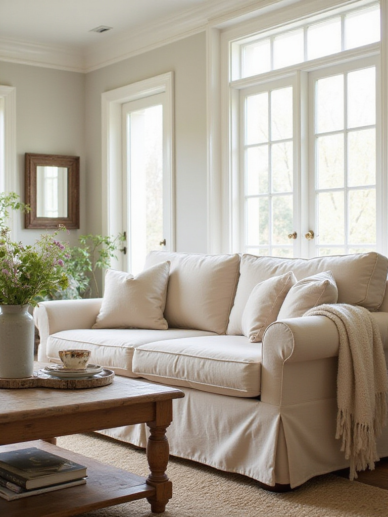 A slipcovered sofa in a cozy farmhouse living room with natural light