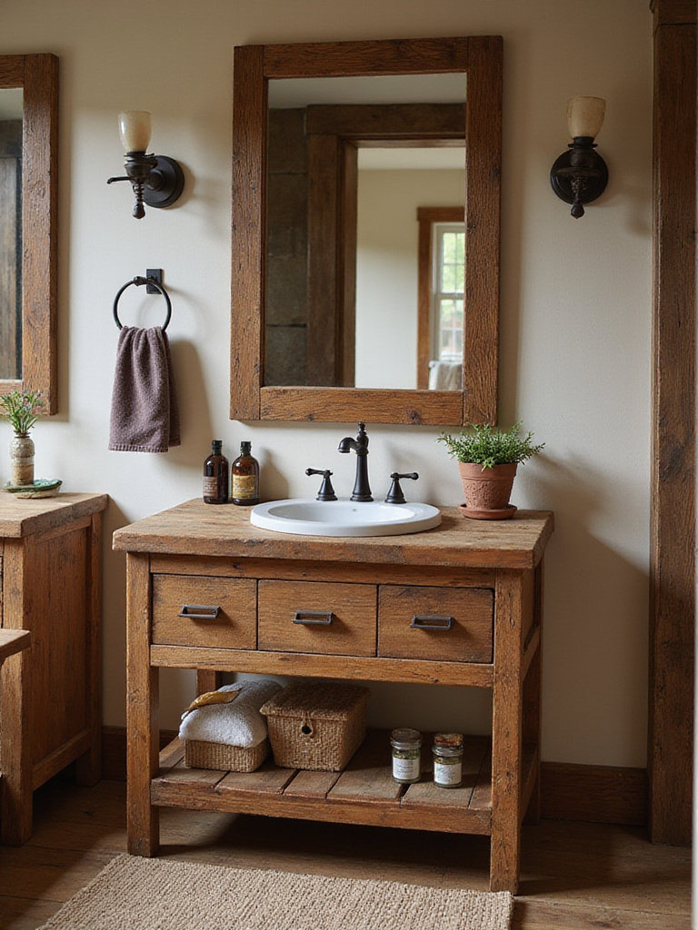 Rustic bathroom with reclaimed wood vanity, showcasing natural wood grain and vintage decor.