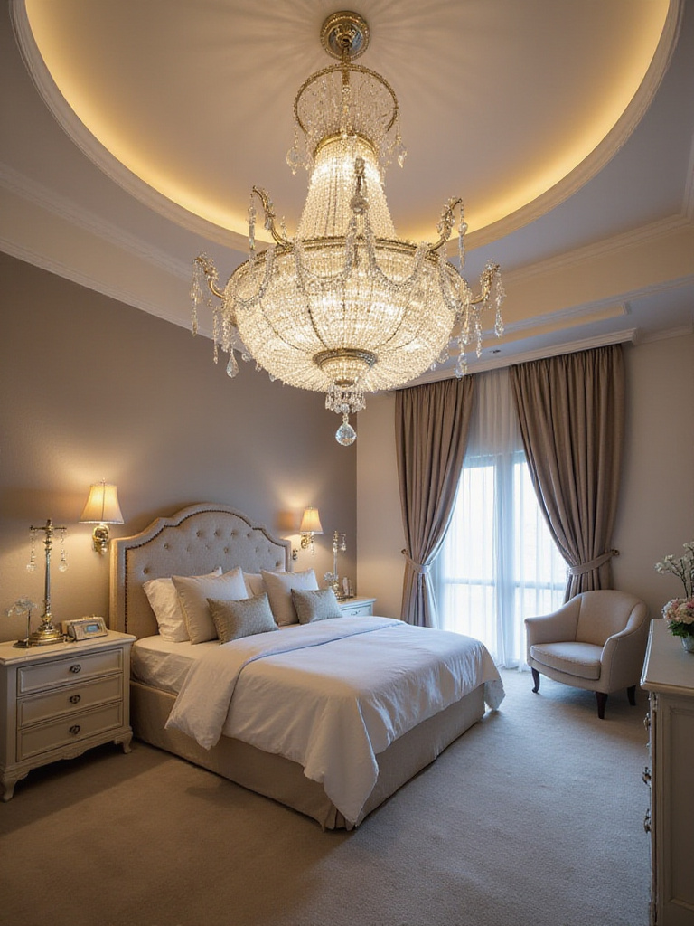 Luxurious bedroom featuring a dazzling chandelier as a centerpiece.