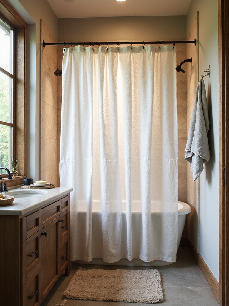 Rustic bathroom with a textured linen shower curtain, showcasing natural light and warm tones.