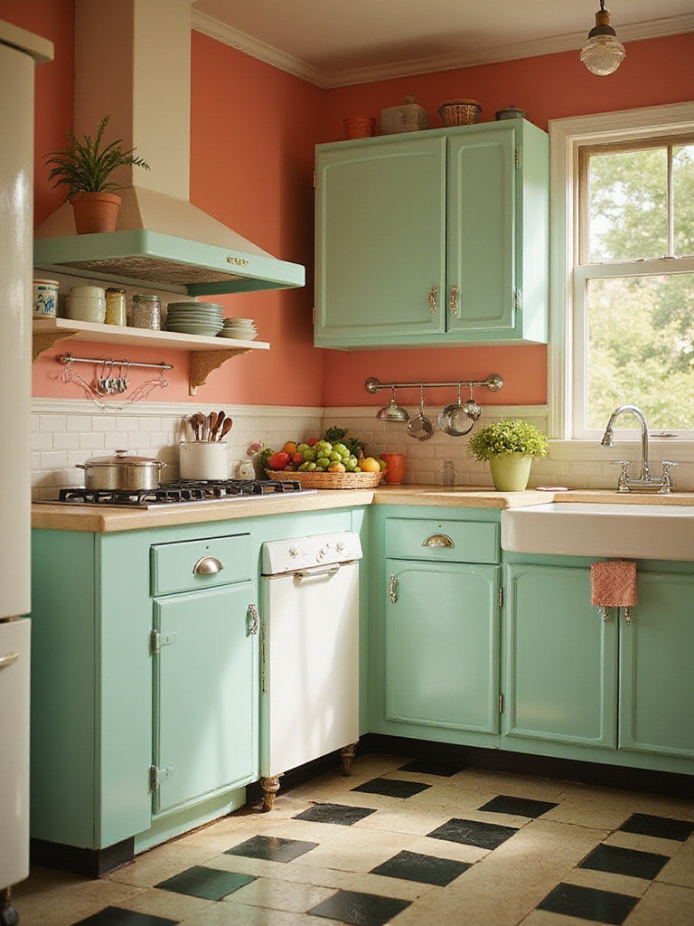 Vintage kitchen showcasing authentic color palette with mint green cabinets and coral accents