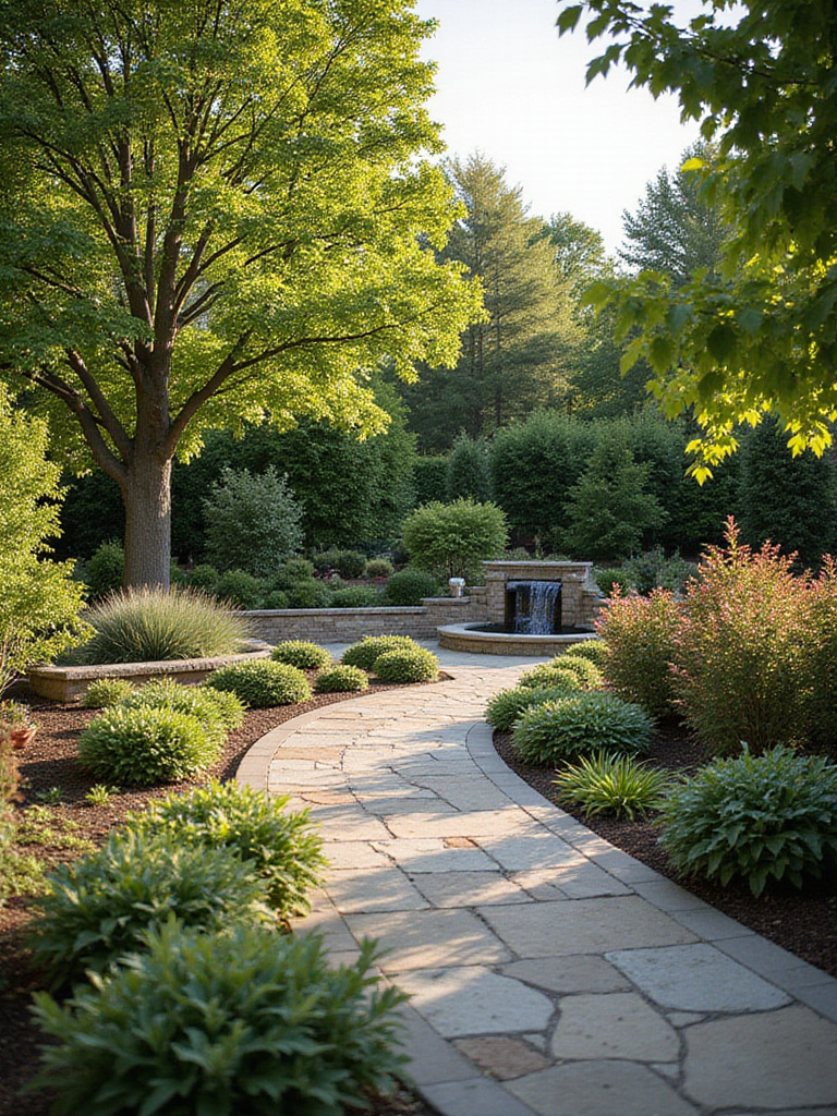 Beautifully landscaped backyard with plants, stone patio, and water feature illuminated by soft evening light.