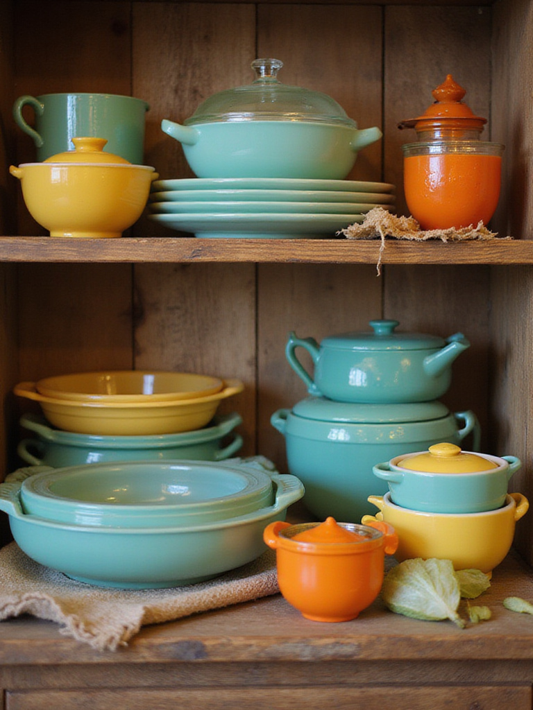 Vintage kitchenware collection featuring Pyrex and Jadeite on rustic shelves