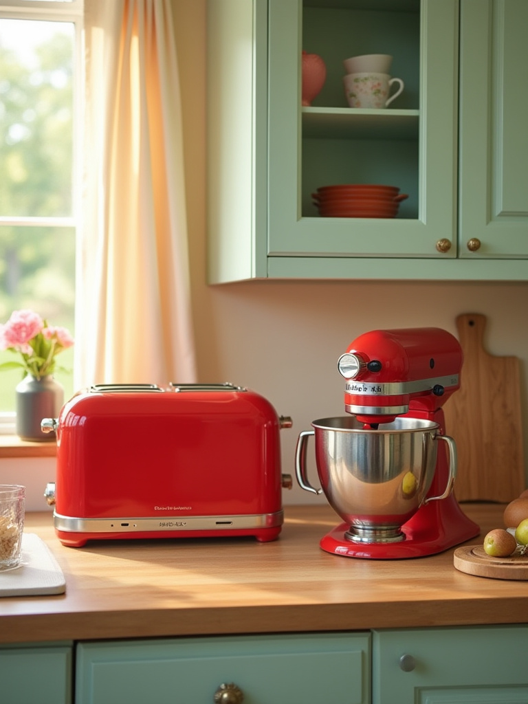 Vintage kitchen countertop with retro toaster and stand mixer