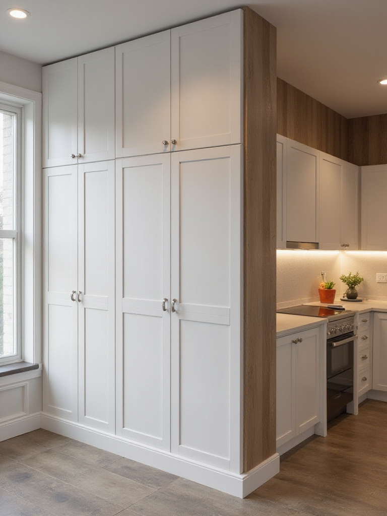 Modern kitchen with tall, stacked cabinetry extending to the ceiling