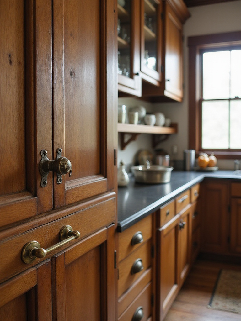 Vintage kitchen with authentic cabinet hardware