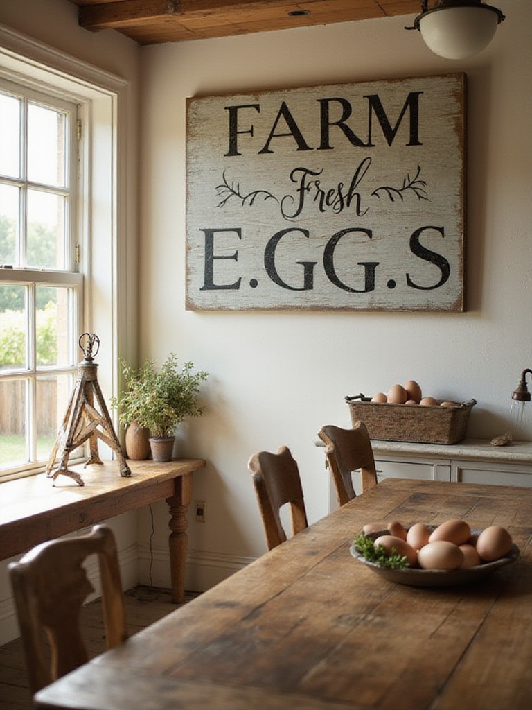 Farmhouse kitchen with vintage wall sign 'Farm Fresh Eggs'.