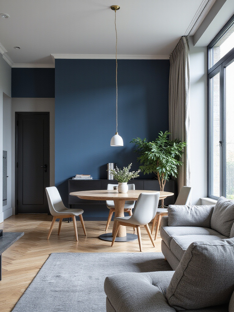Living room with deep indigo accent wall behind dining area, showcasing effective spatial zoning.