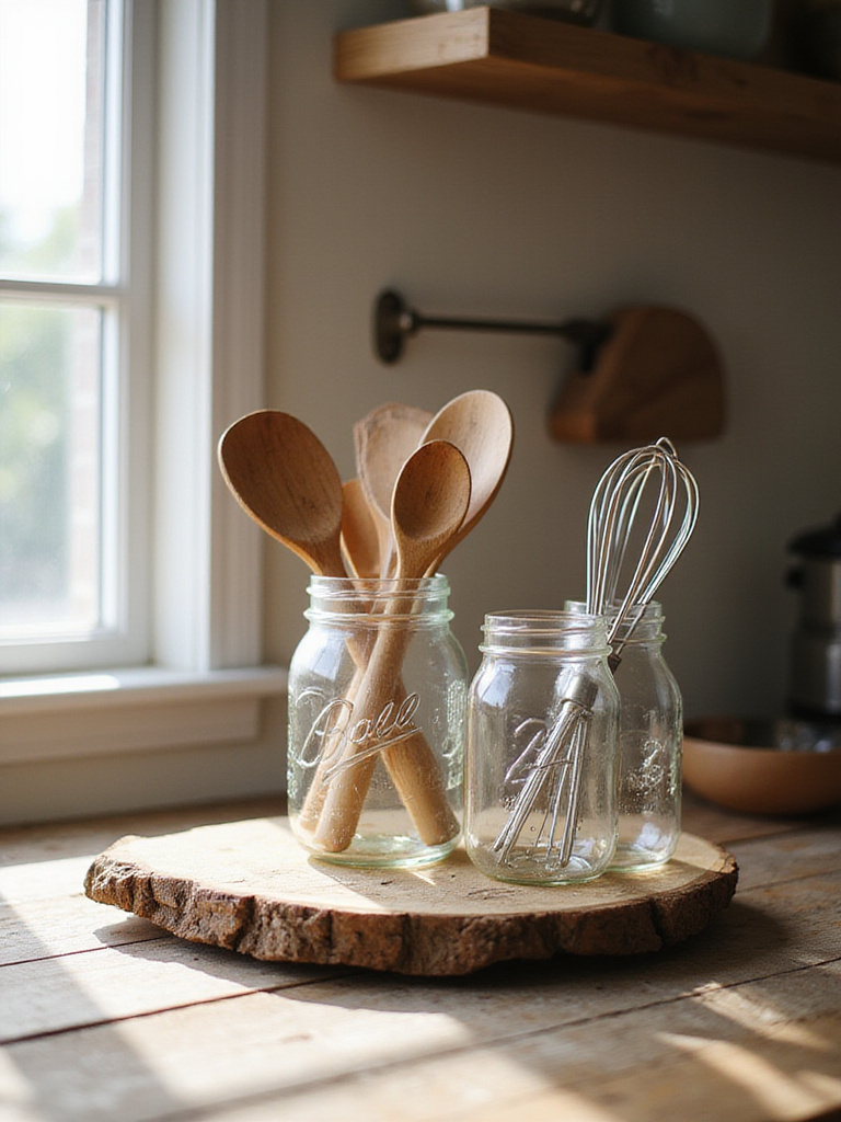 Styled mason jars on a farmhouse kitchen countertop filled with utensils.