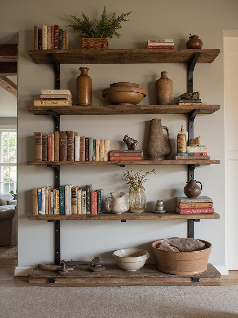 Styled open shelving in a farmhouse living room with books and rustic objects.