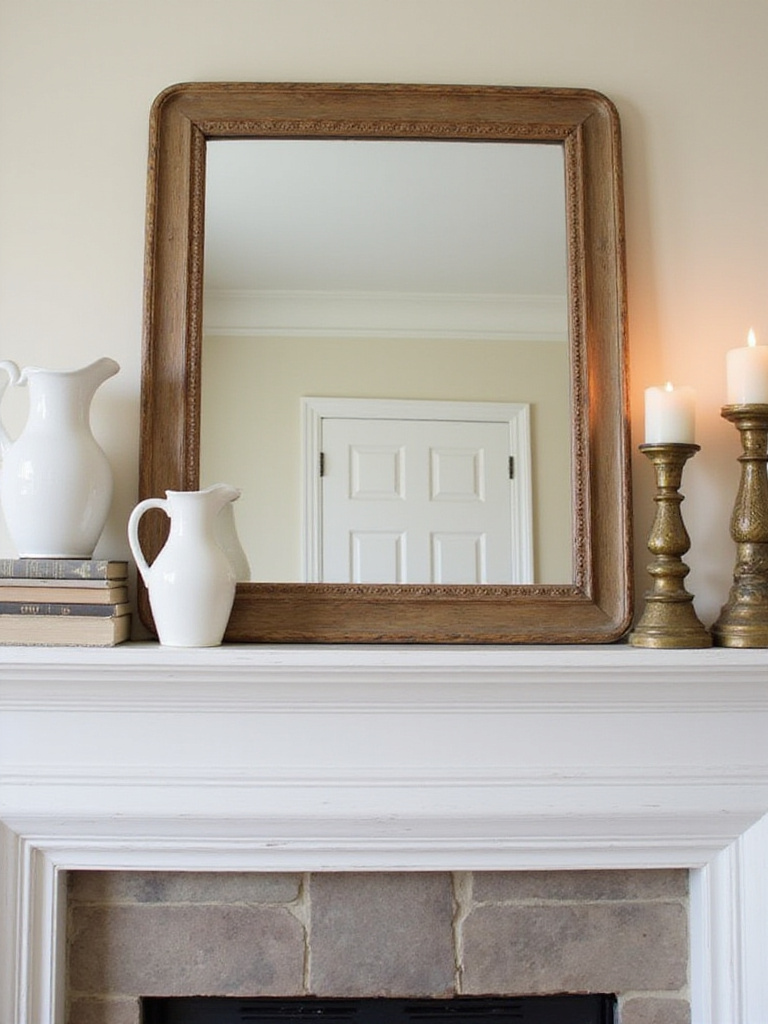 Styled farmhouse mantel with layered decor and seasonal accents