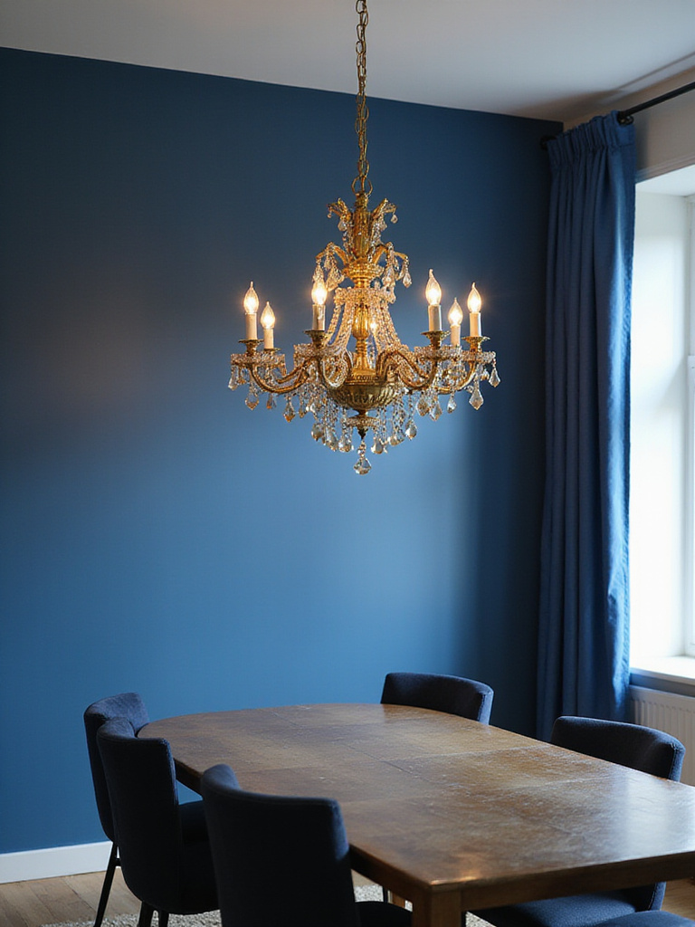 Elegant blue dining room with a brass chandelier as a statement lighting fixture.