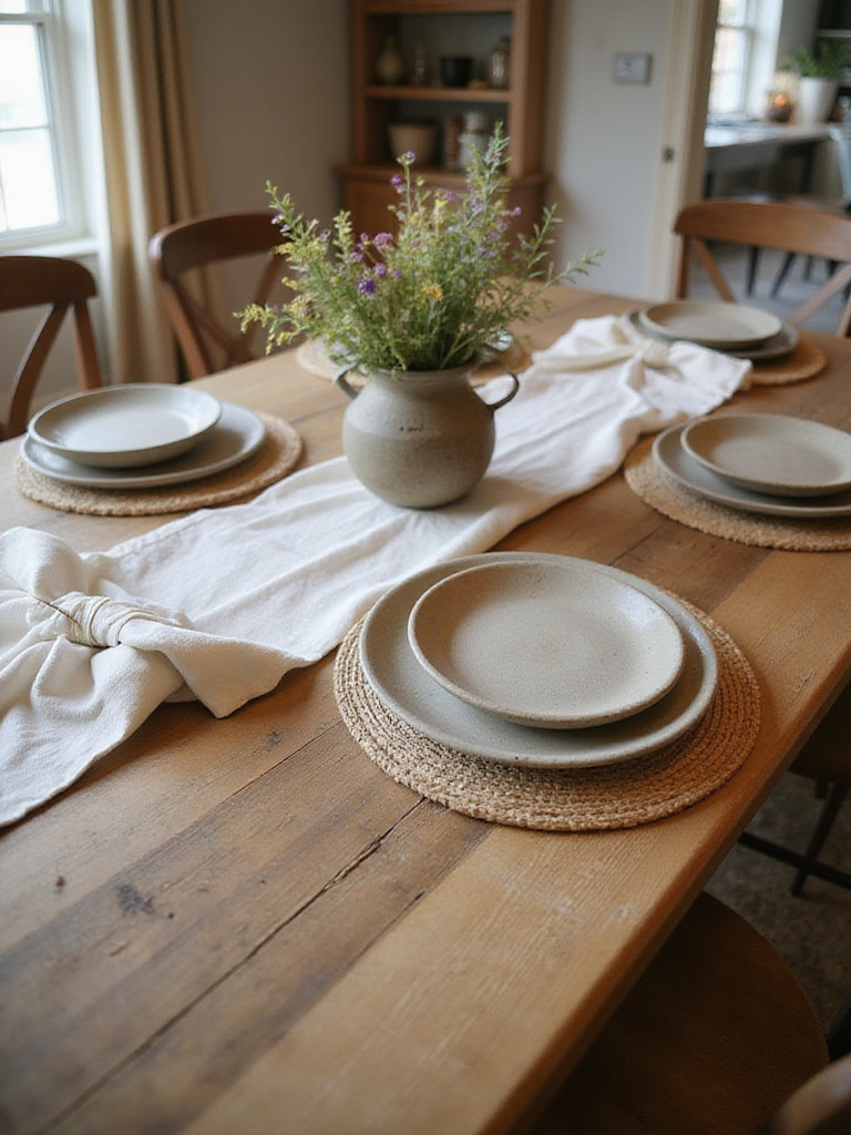 Casual farmhouse dining table setting with natural textures and warm lighting