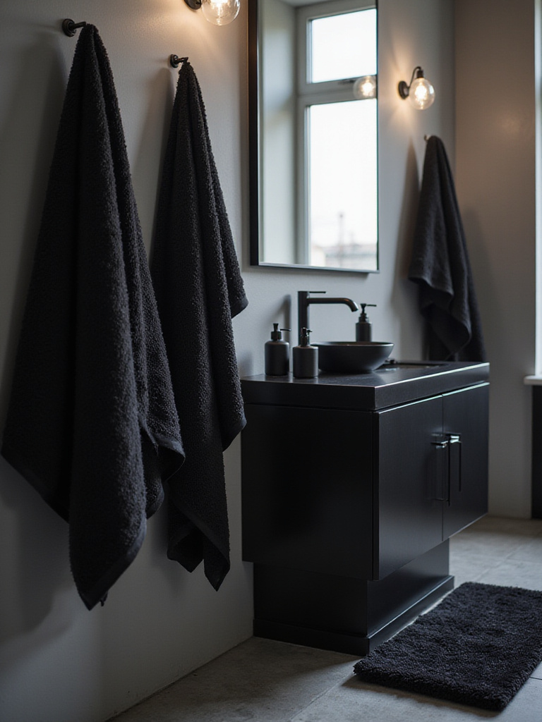 Luxurious black accessories and linens in a modern bathroom