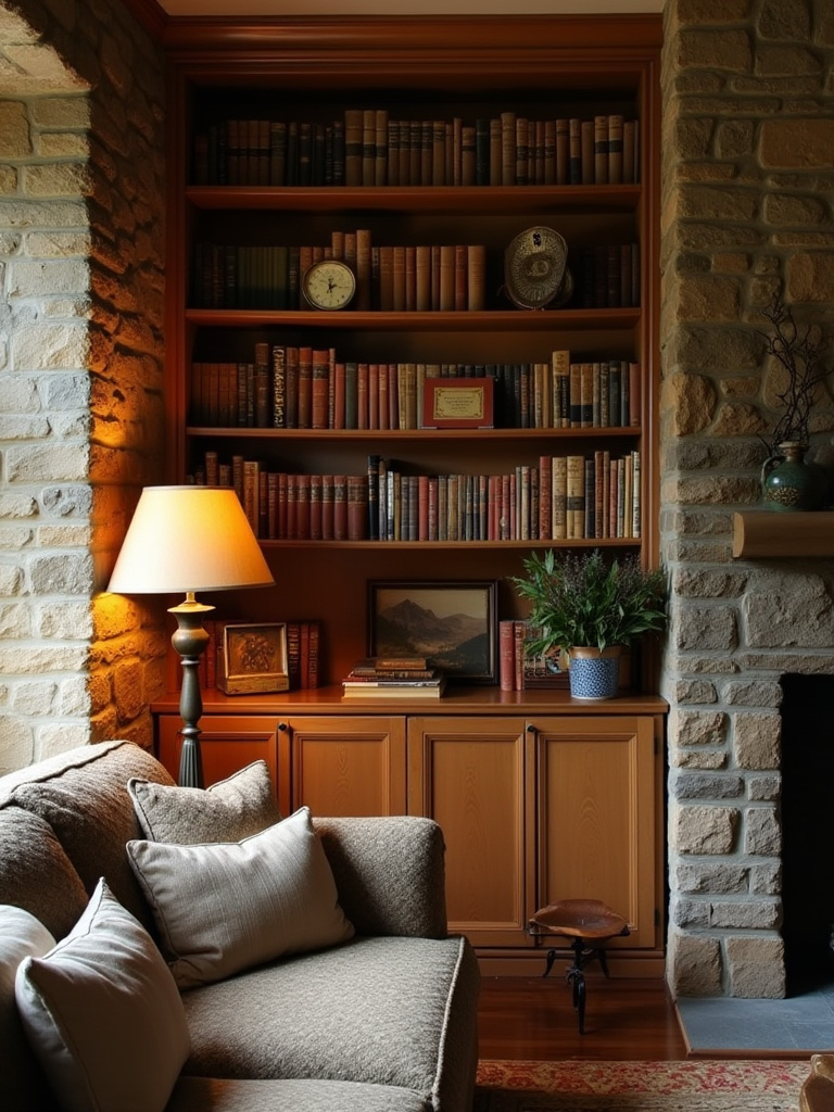 Cozy cottage living room with curated books and heirlooms on display