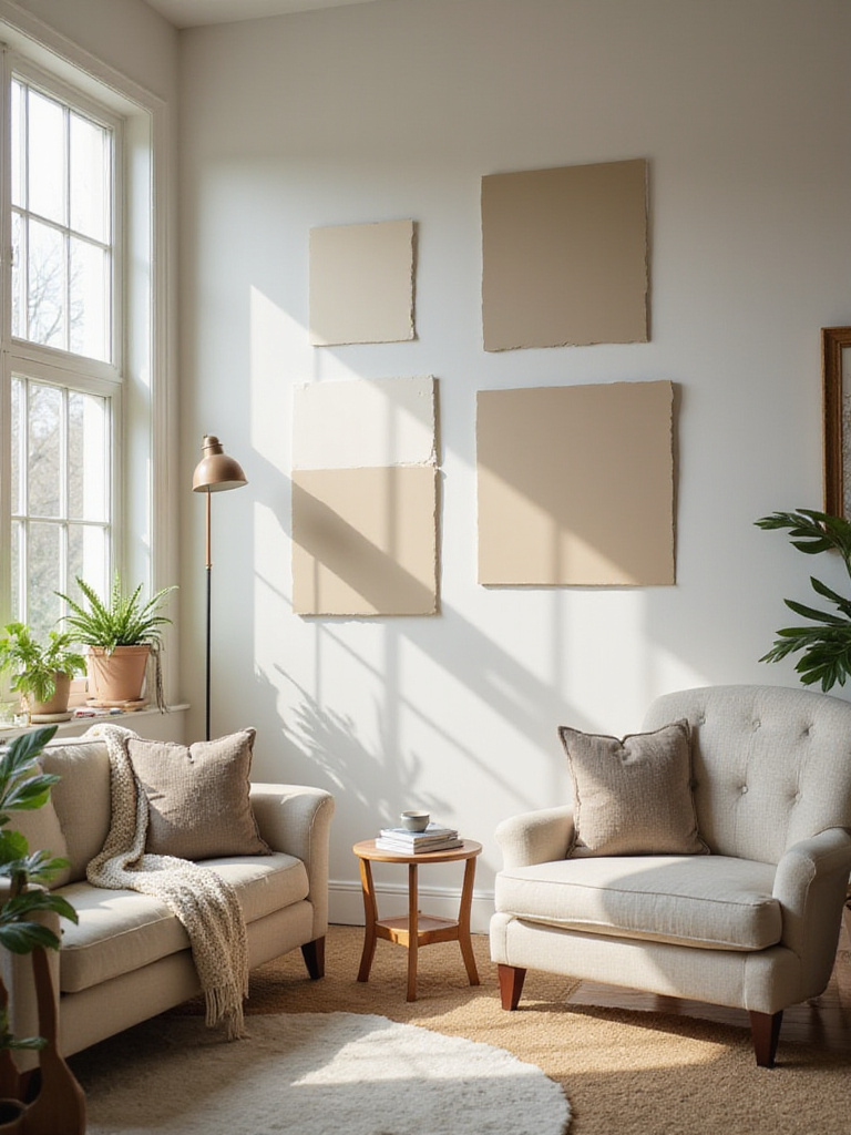 Living room with large paint swatches on walls showing different colors