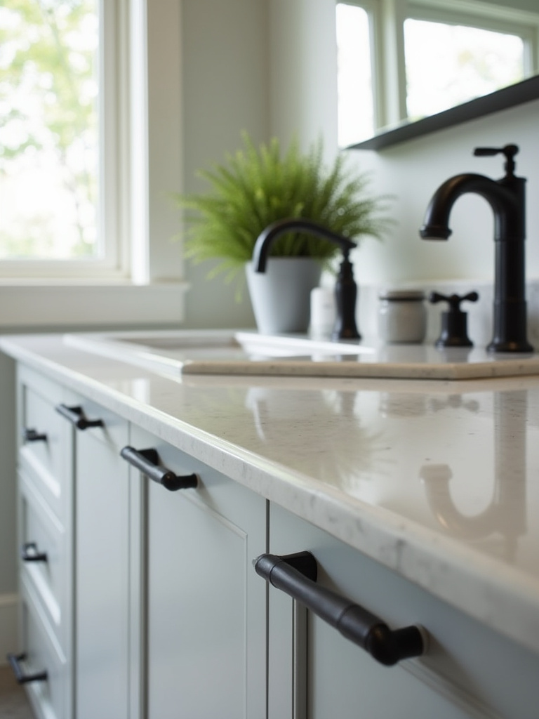 Modern bathroom vanity with black cabinet hardware