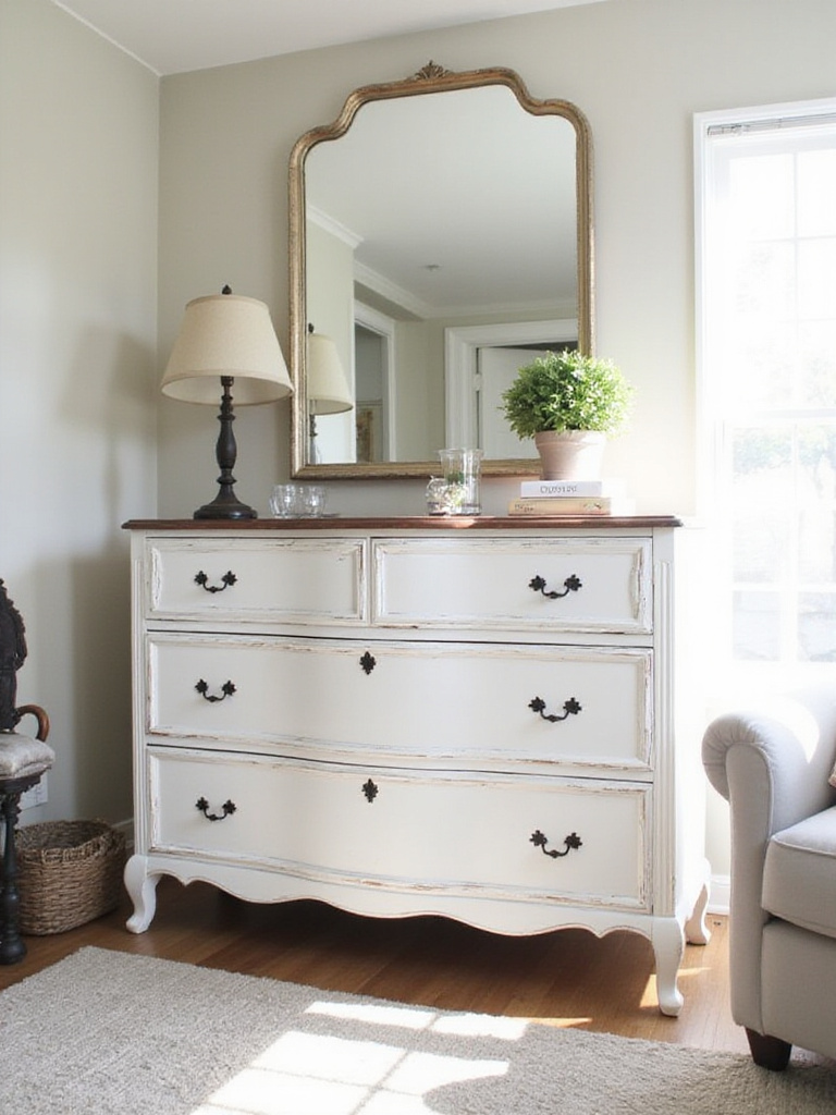 Farmhouse living room with repainted dresser using chalk paint