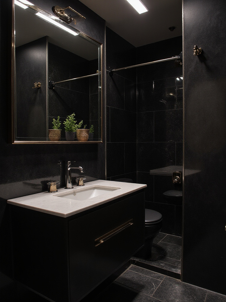 Elegant small bathroom with black accent wall and stylish fixtures