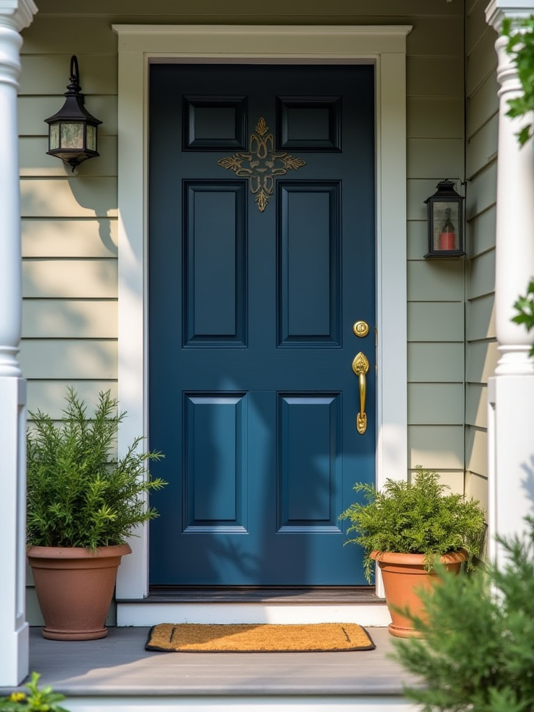 Freshly painted deep navy front door with plants on a porch