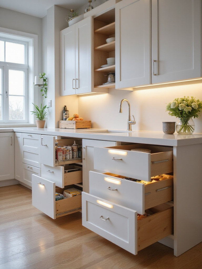 A modern kitchen featuring elegant cabinetry with soft-close drawers and pull-out organizers.