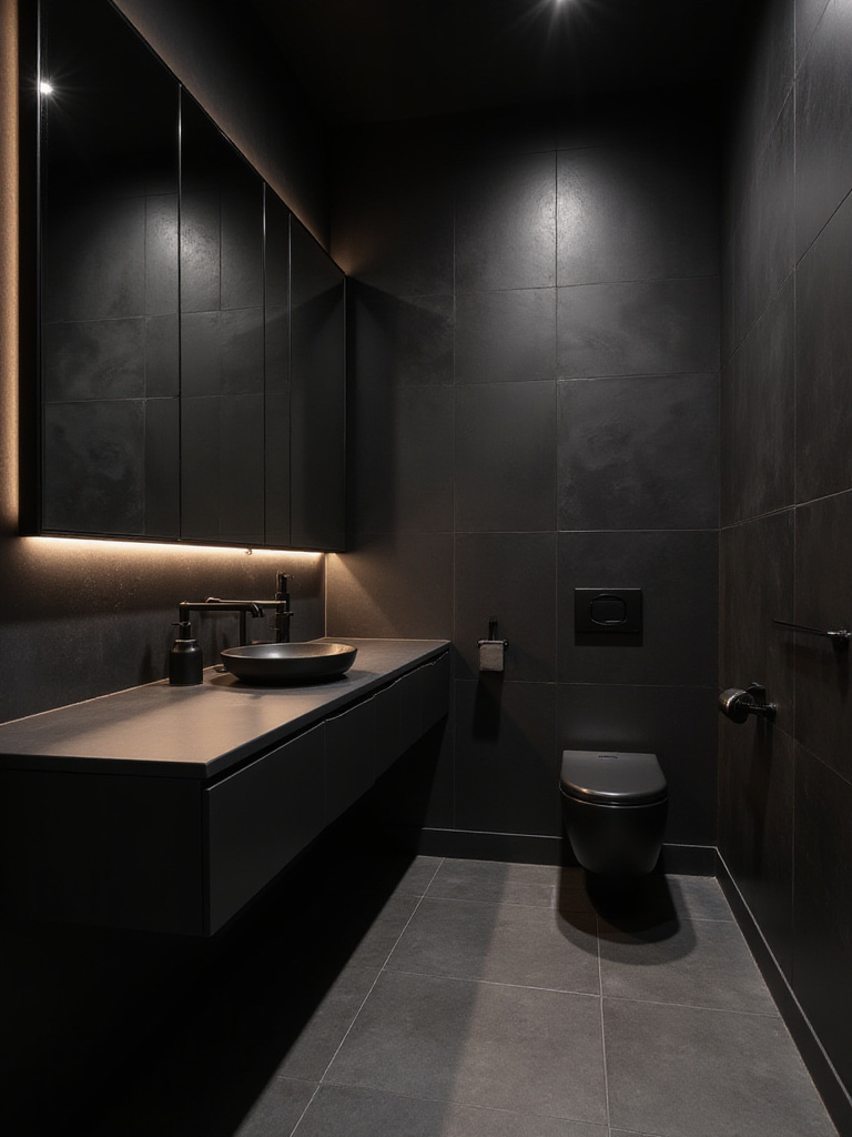 Luxurious black bathroom with matte black fixtures and porcelain tiles, showcasing maintenance considerations.