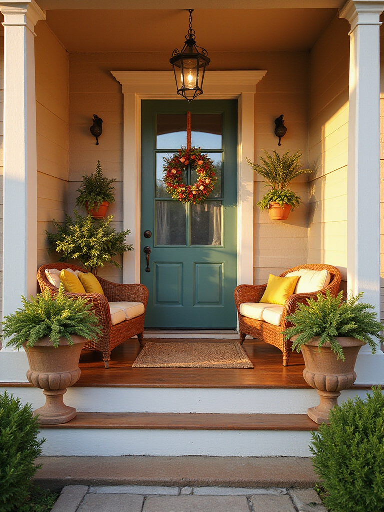 A professional portrait photo of a front porch featuring a cohesive color palette.