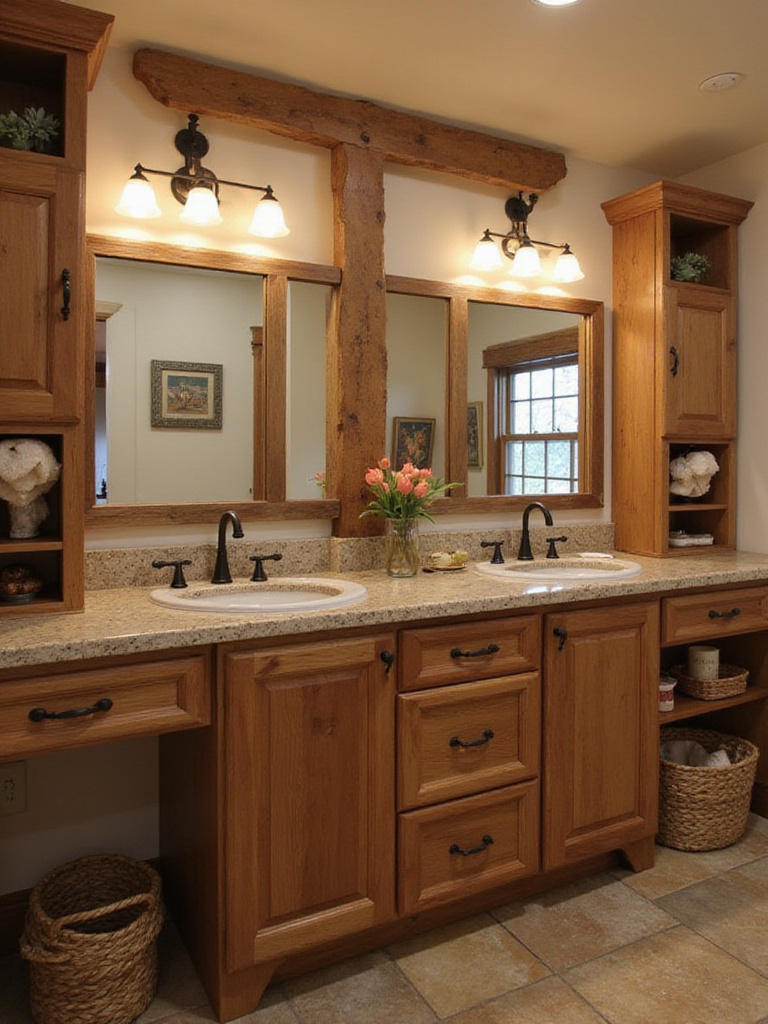Rustic bathroom featuring wrought iron hardware enhancements