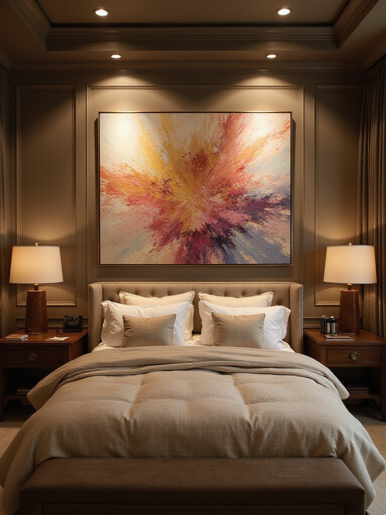 Luxury bedroom with precision spotlighting on artwork above the bed.