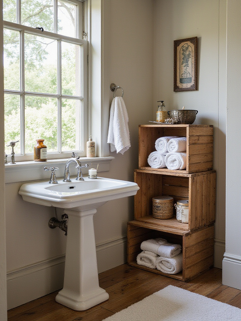 Rustic bathroom featuring upcycled wooden crates for storage next to a vintage sink.