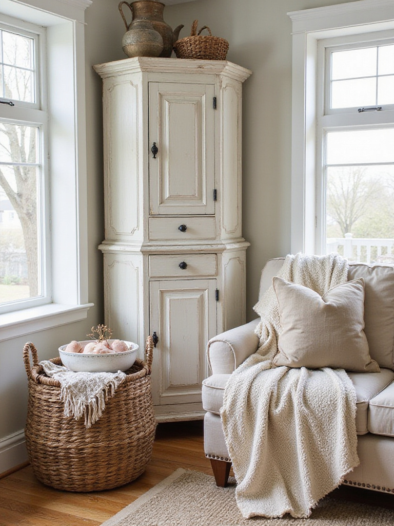 Vintage-inspired cabinets and baskets in a farmhouse living room