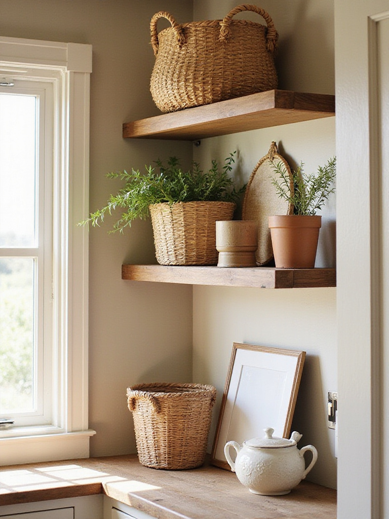 Stylish farmhouse kitchen with woven baskets on open shelves