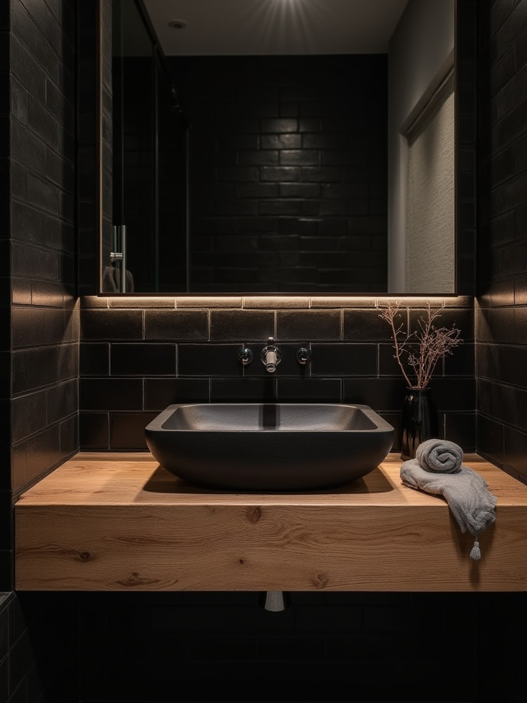 Modern black bathroom with reclaimed oak vanity and black subway tile walls.
