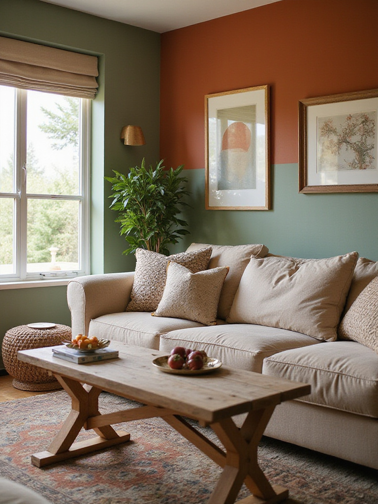 Cozy living room with earthy shades of terracotta and sage green, inviting atmosphere.