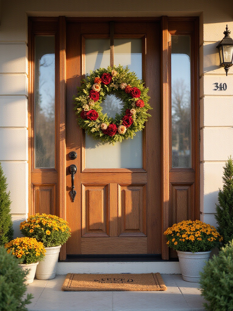 A seasonal wreath hanging on a front door, enhancing the porch's charm.