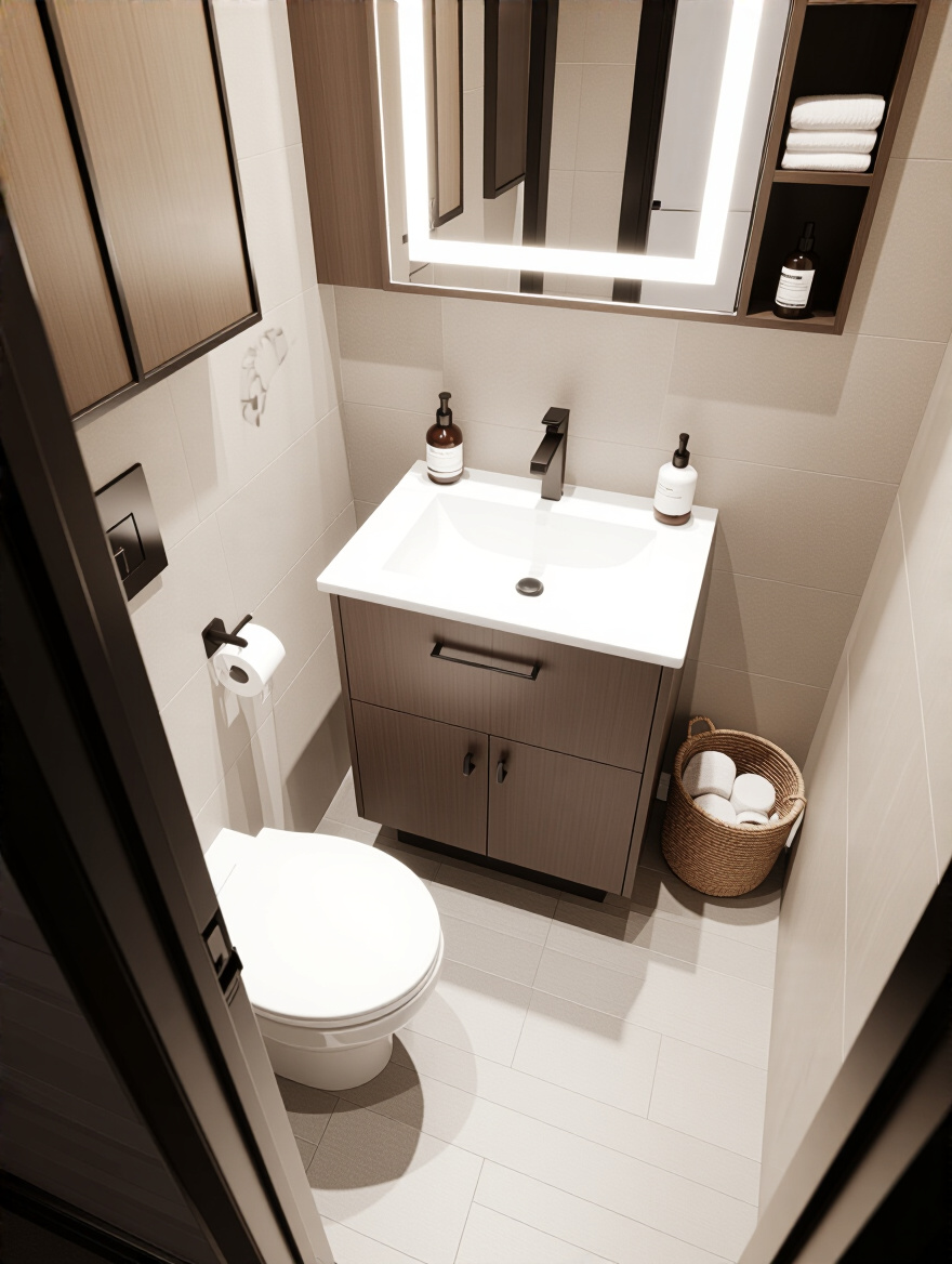Small bathroom vanity area with measuring tools showing how to accurately measure depth and width for clearance