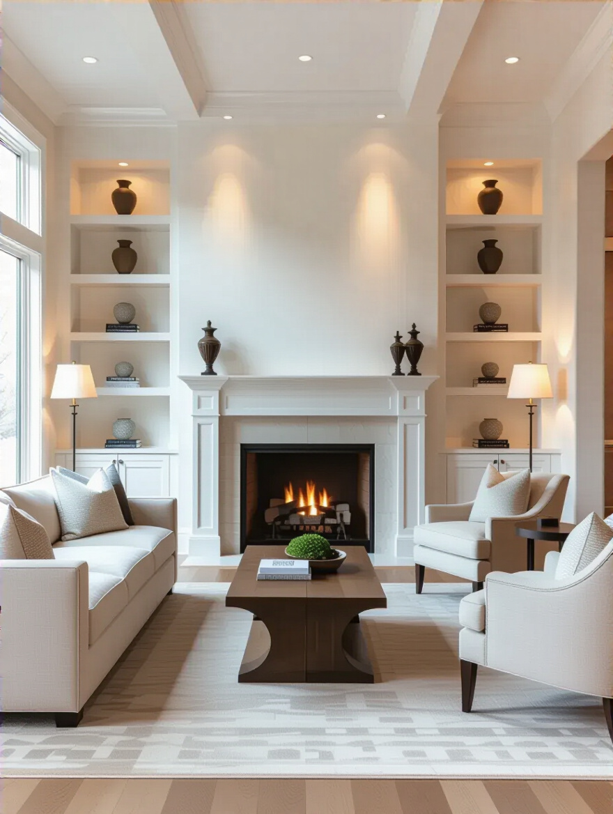 Living room interior showcasing visual balance through asymmetry and symmetry with fireplace and balanced furniture arrangement