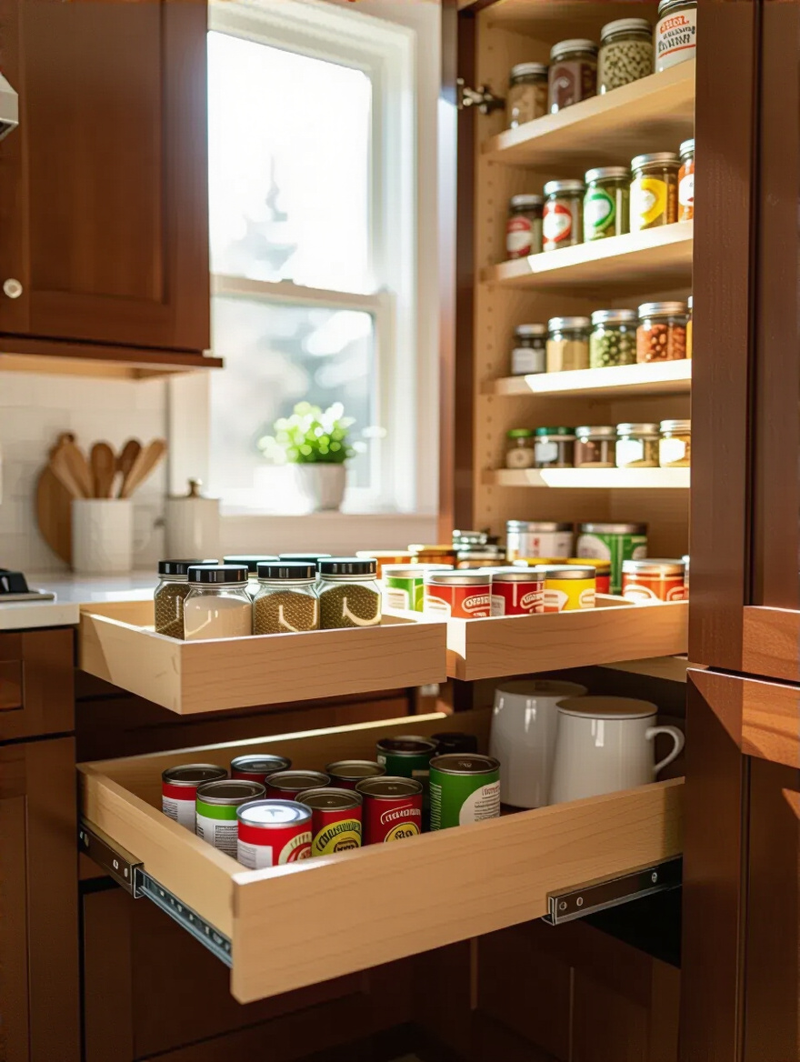 Interior view of a kitchen cabinet with pull-out shelves displaying organized spices and appliances