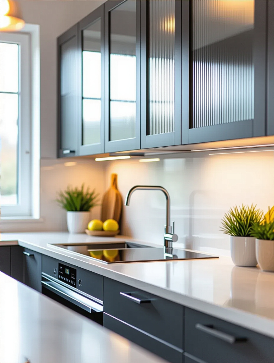 Modern kitchen with frosted and ribbed glass inserts in cabinetry
