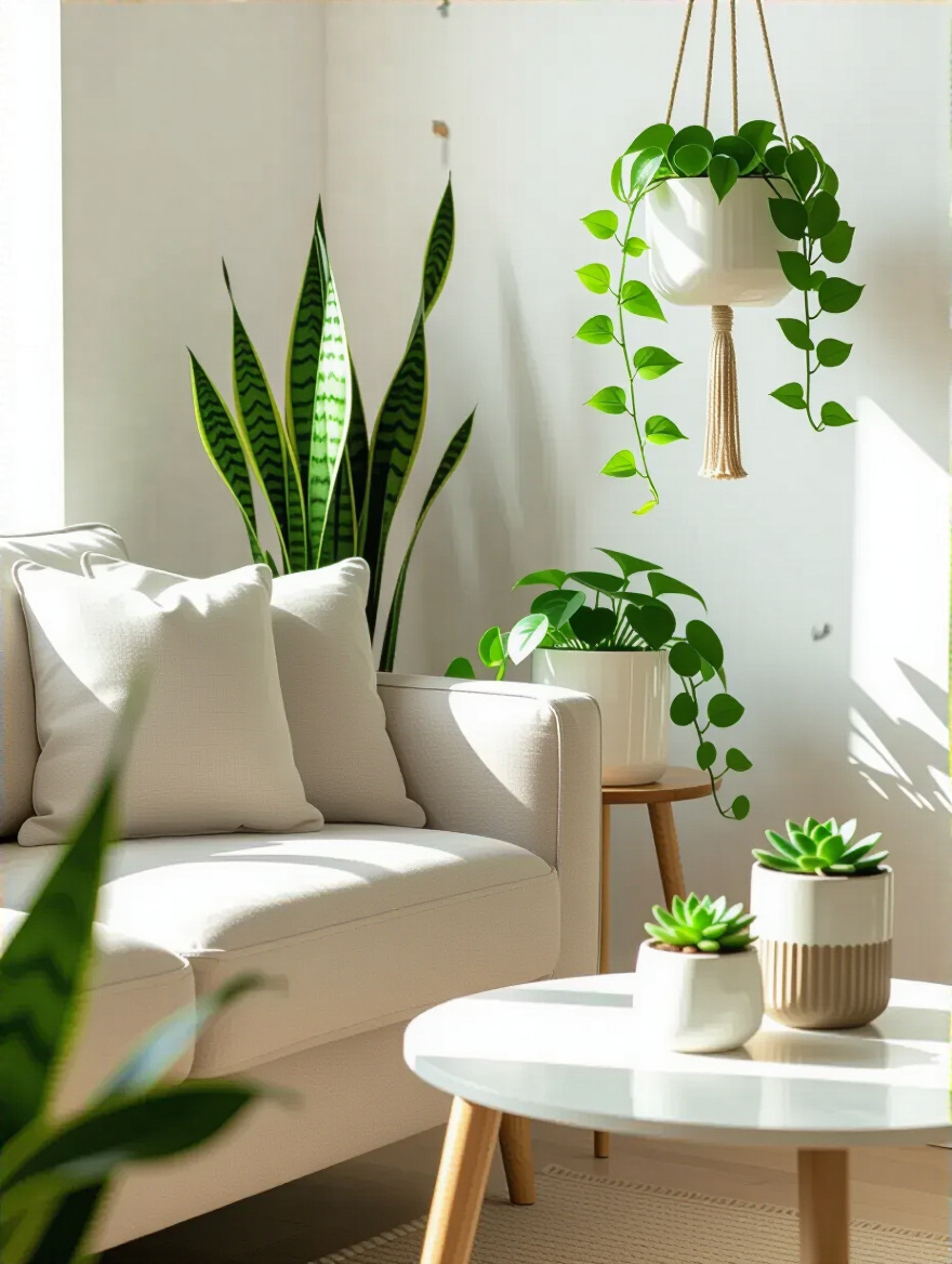Small living room corner with vertical Snake Plant, hanging Pothos in white ceramic planters, and a succulent terrarium on a minimalist coffee table