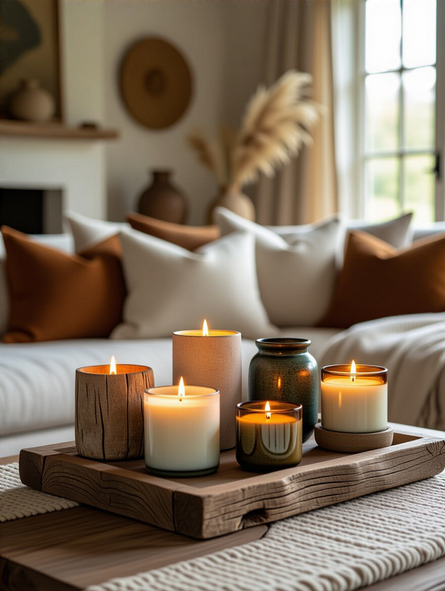 Eclectic living room coffee table with assorted scented candles in decorative holders creating warm ambiance