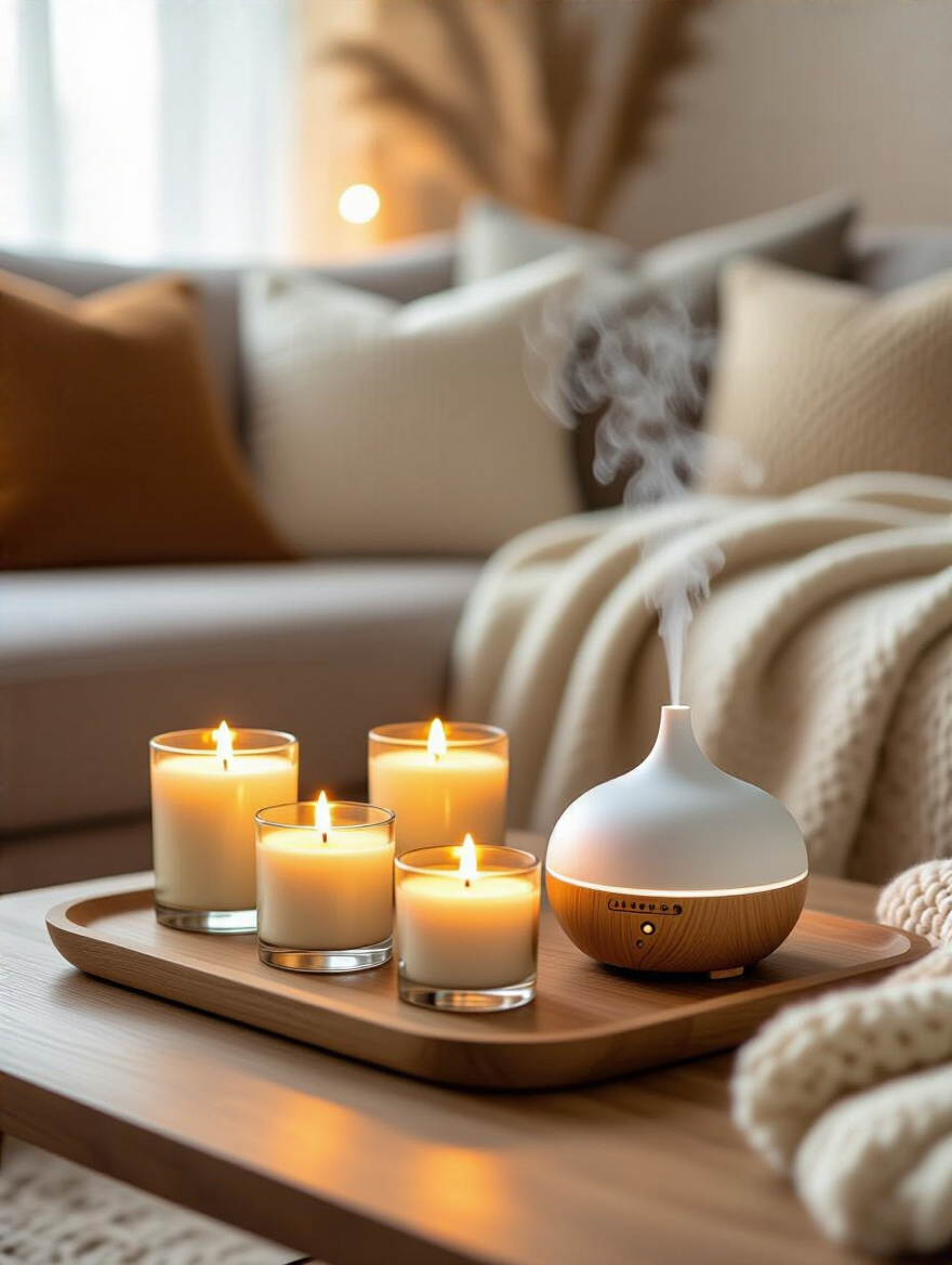 Cozy living room with scented candles and essential oil diffuser creating warm aromatherapeutic ambiance