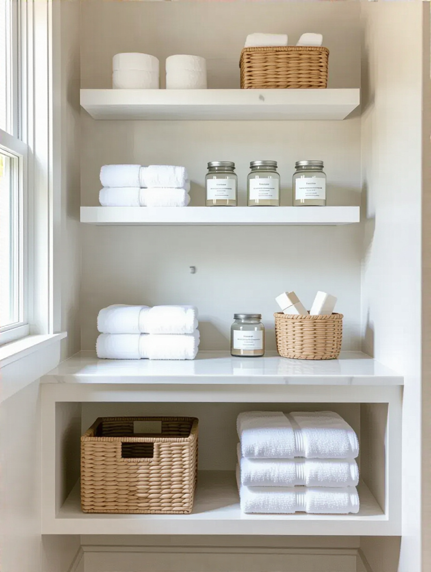 Small bathroom vanity with white wall-mounted floating shelves above and beside, neatly organized with towels and decorative baskets