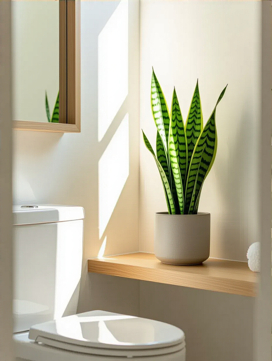 Small bathroom corner with a tall Sansevieria plant on a floating shelf above the toilet, illuminated by natural light