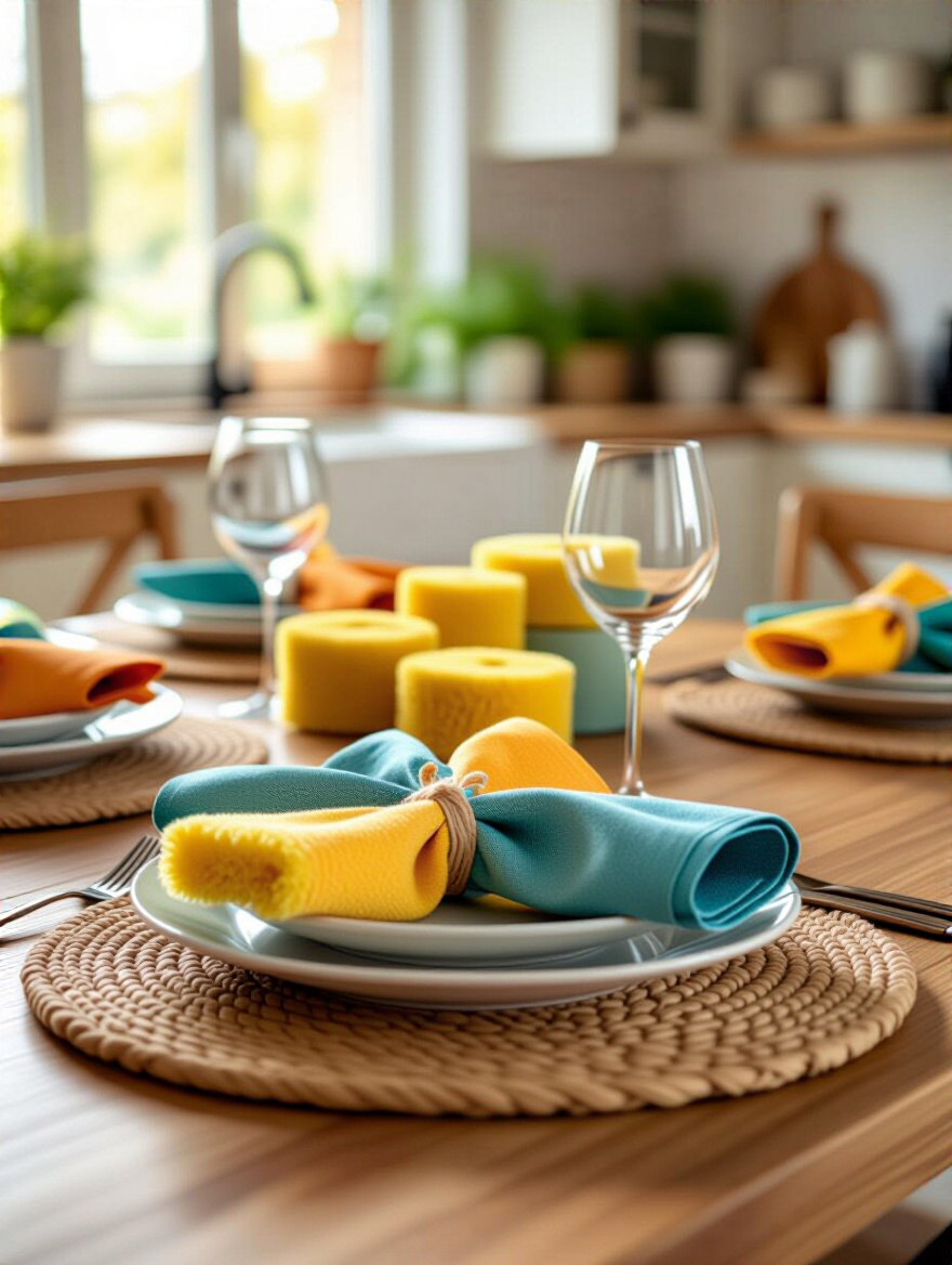A beautifully arranged kitchen table featuring colorful cloth napkins and natural fiber sponges, emphasizing sustainable living.
