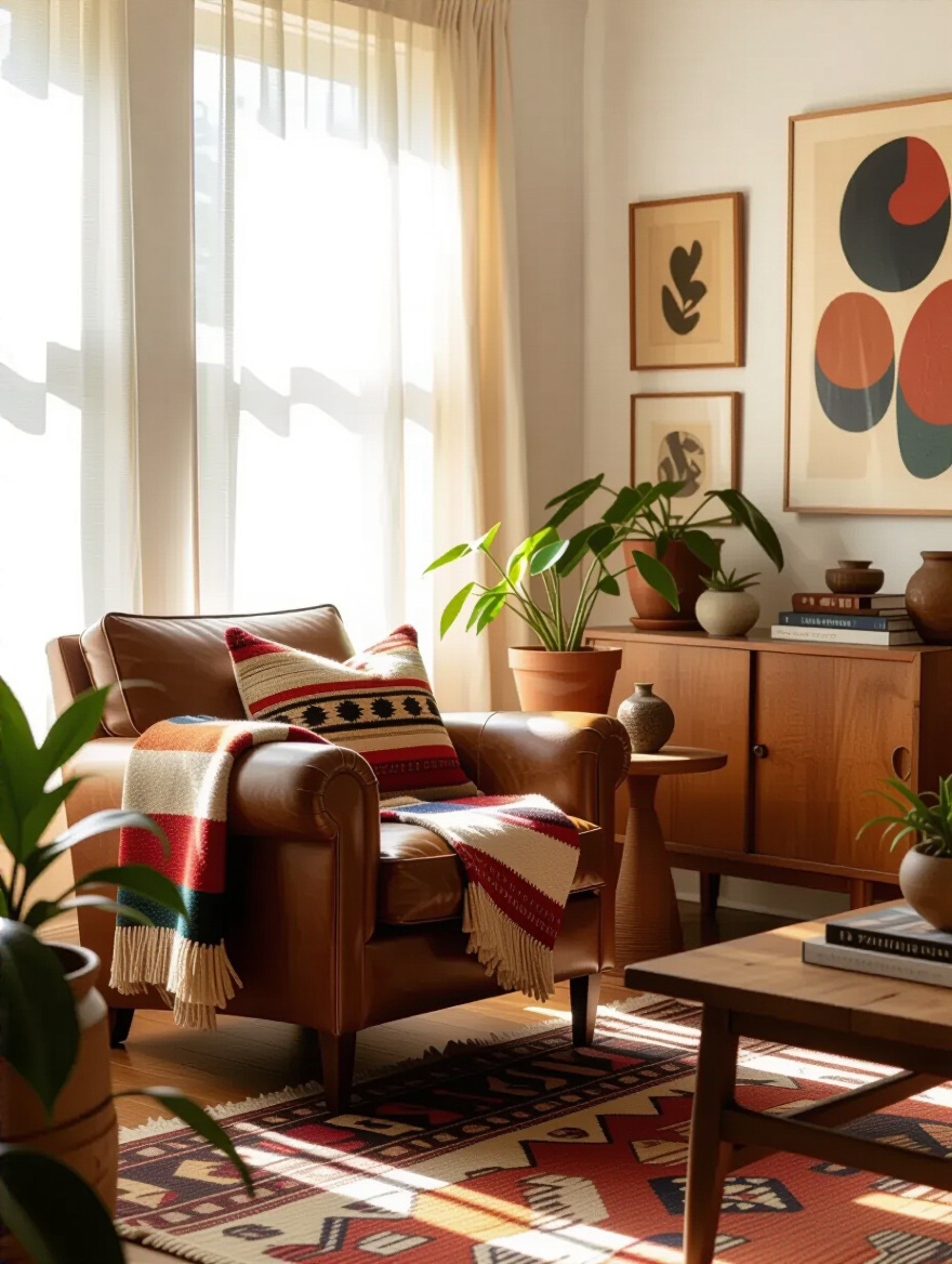 Eclectic living room corner with vintage and modern furniture, colorful textiles, and natural light showcasing an evolving organic style