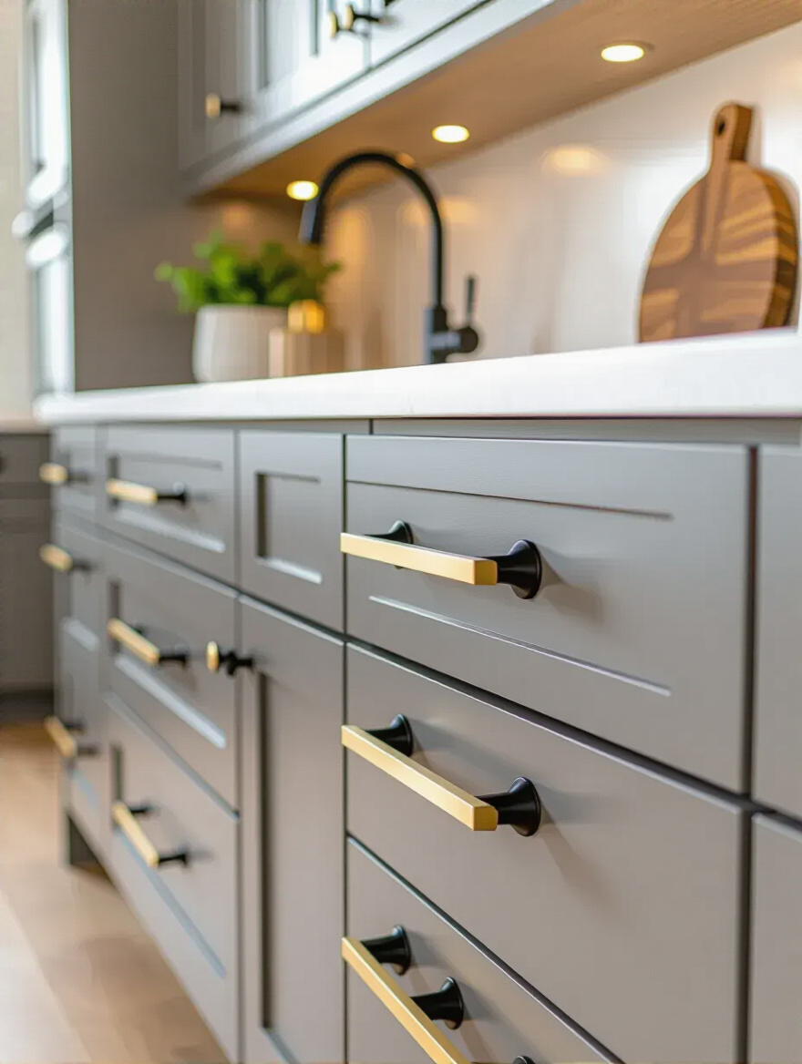 A close-up view of kitchen cabinetry featuring matte black and brushed gold hardware.