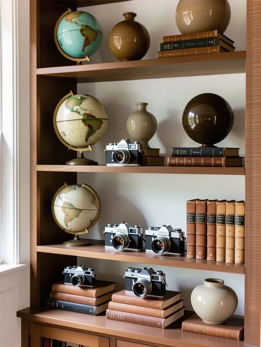 Eclectic living room bookshelf with curated personal collectibles arranged thoughtfully in groupings